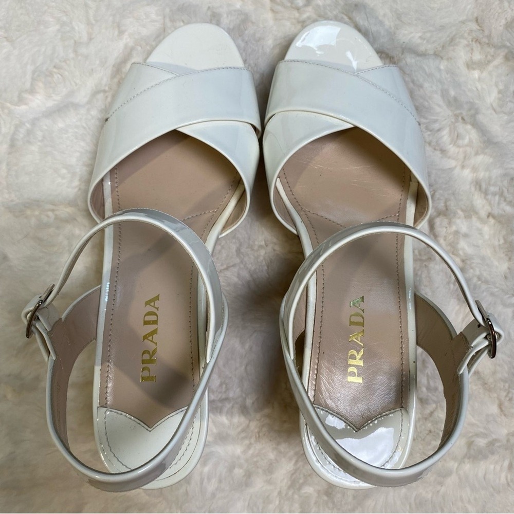 Prada White Patent Leather Criss Cross Ankle Strap Cork Wedge Sandals Size 39 - Picture 11 of 16